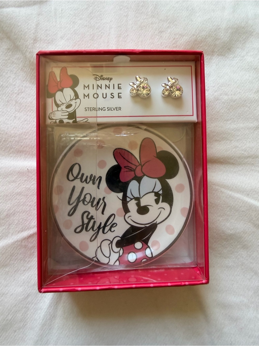 Disney Minnie Mouse Sterling Silver Earrings and Pink Bow Compact
